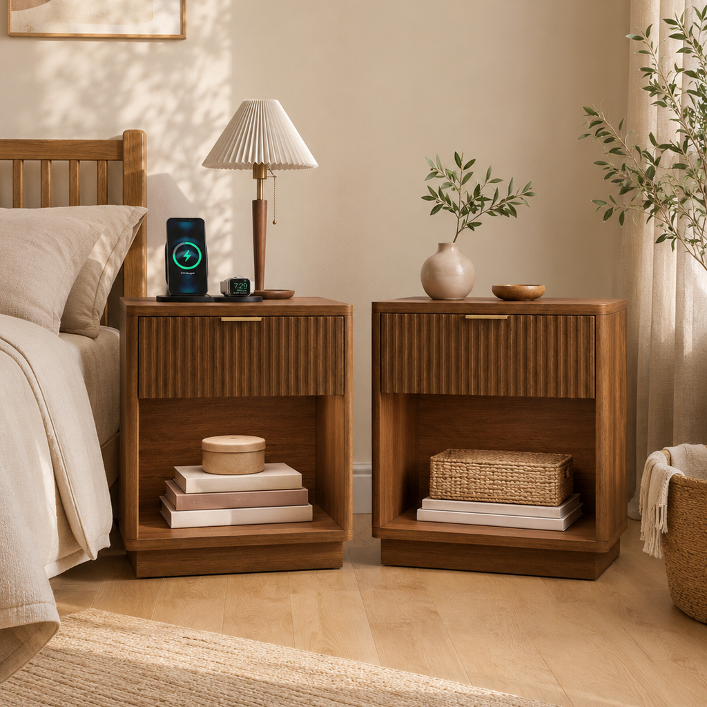 Modern Fluted Wood Nightstands with Open Storage – Set of 2