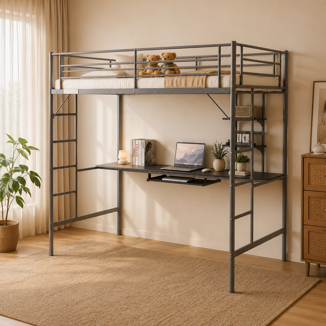 Twin Loft Bed with Built-In Desk & Storage Shelves