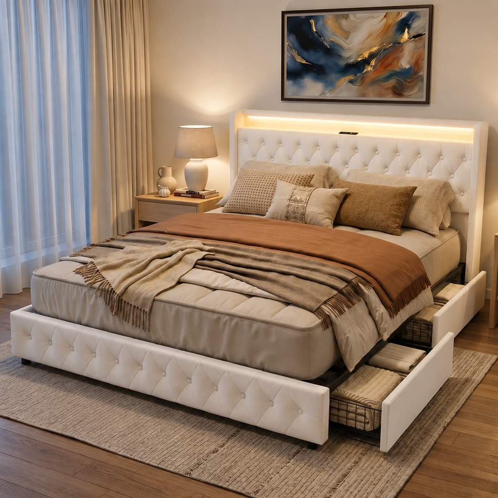 Upholstered Storage Bed with Charging Station & Underbed Drawers