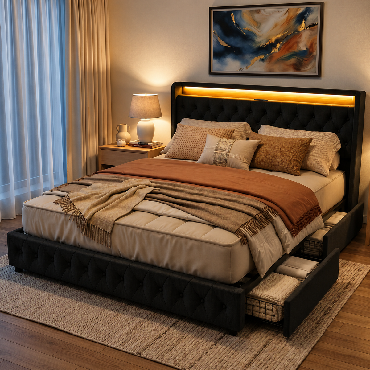Upholstered Storage Bed with Charging Station & Underbed Drawers