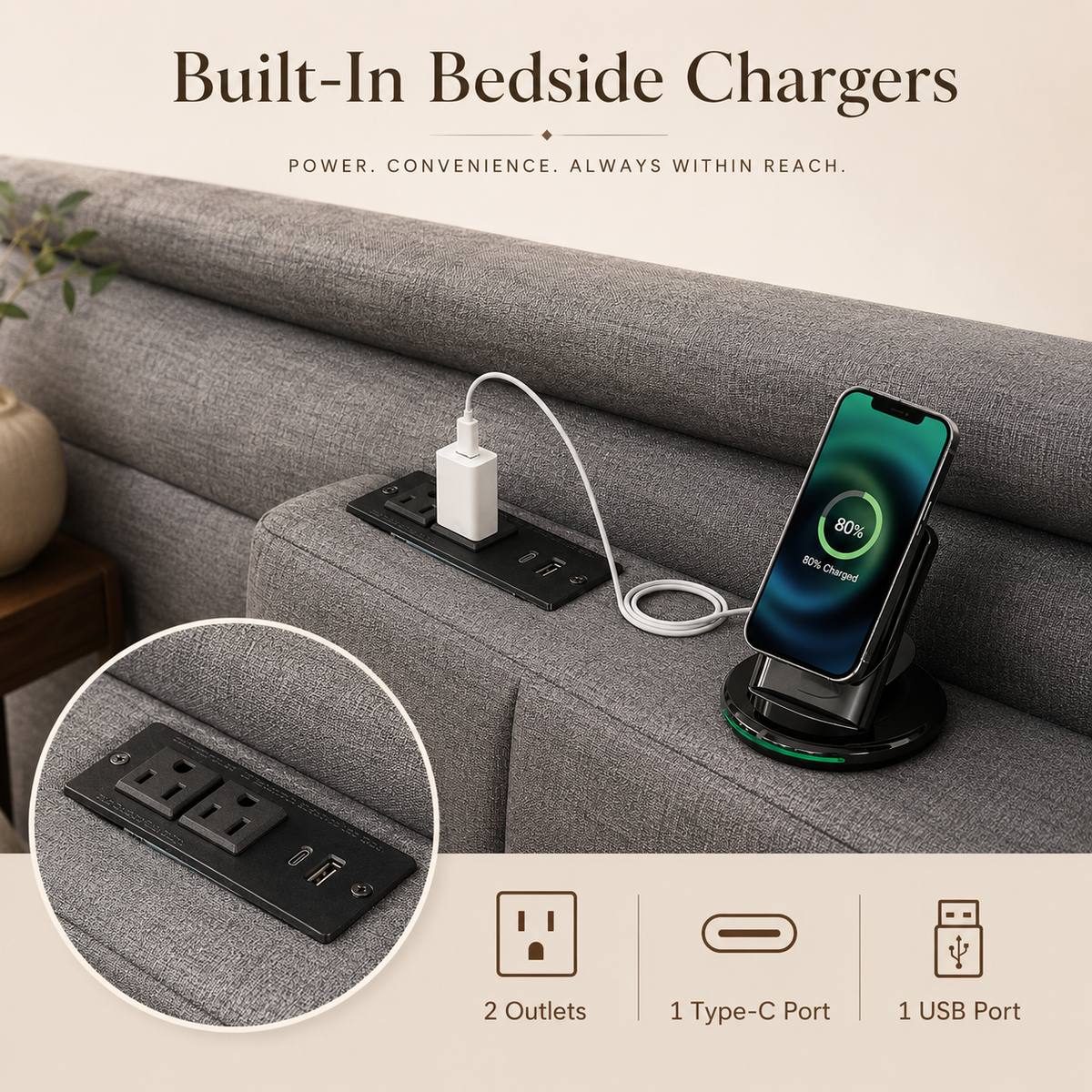 Upholstered Storage Bed with Charging Station & Underbed Drawers