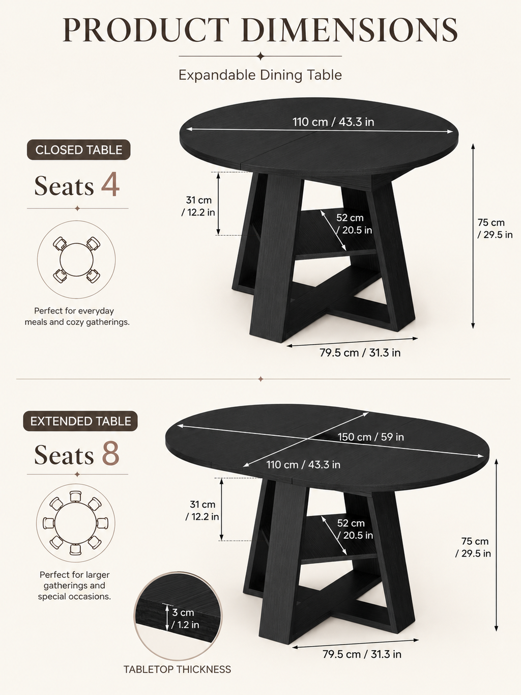 Extendable Round to Oval Dining Table with Hidden Storage for Small Spaces