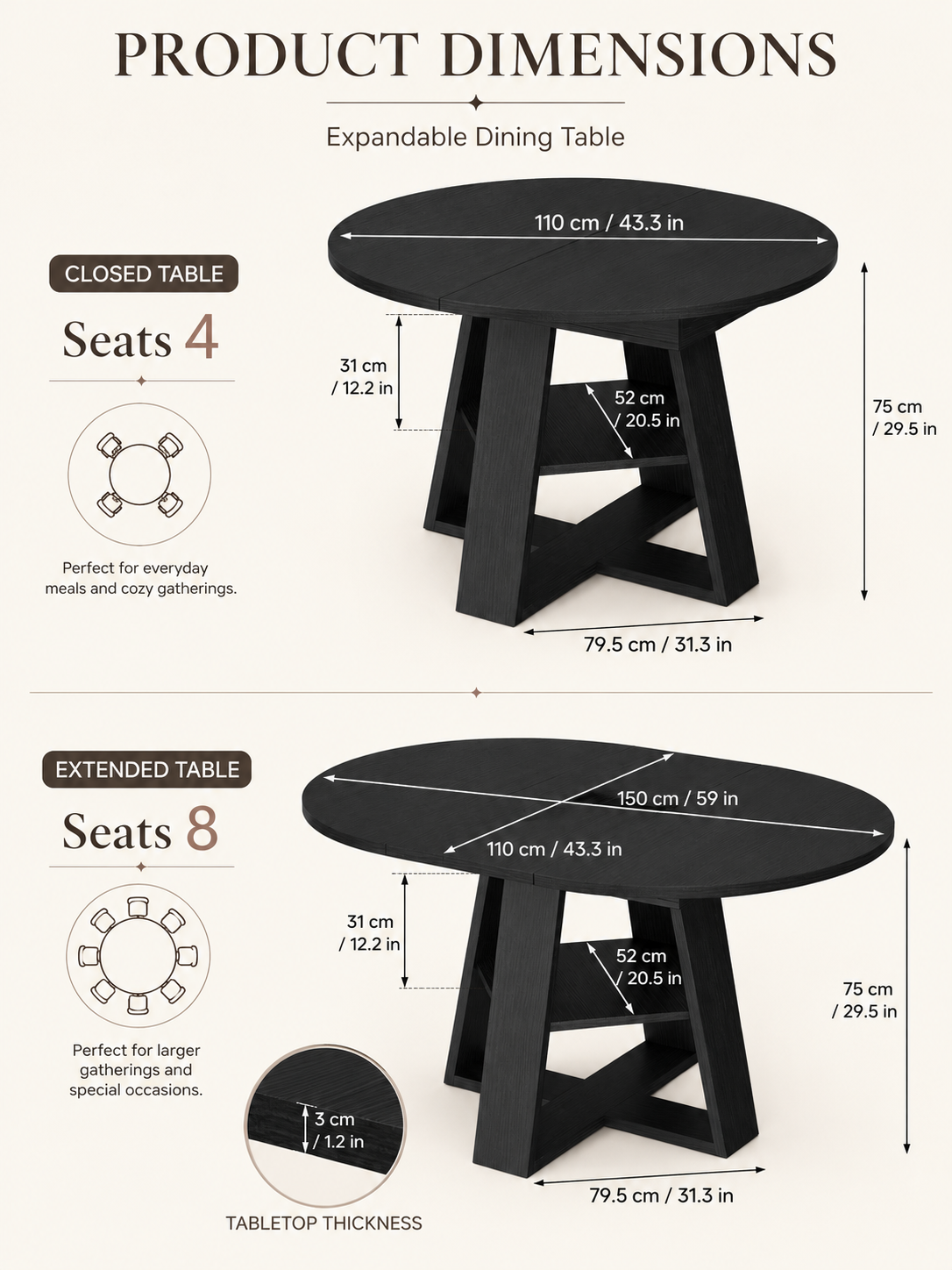 Extendable Round to Oval Dining Table with Hidden Storage for Small Spaces