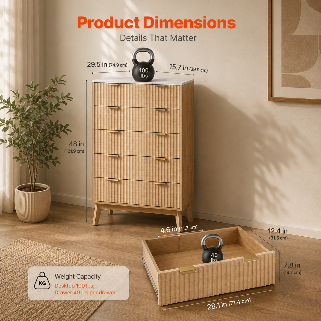 Fluted 5-Drawer Dresser for Small Spaces