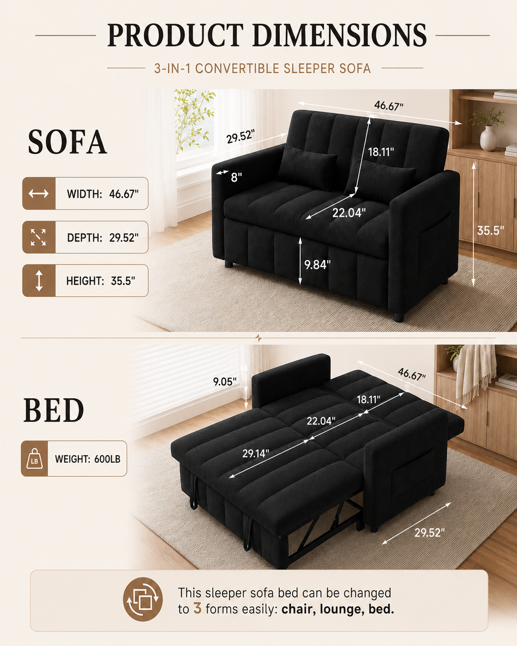 3-in-1 Convertible Sleeper Sofa Bed for Small Spaces