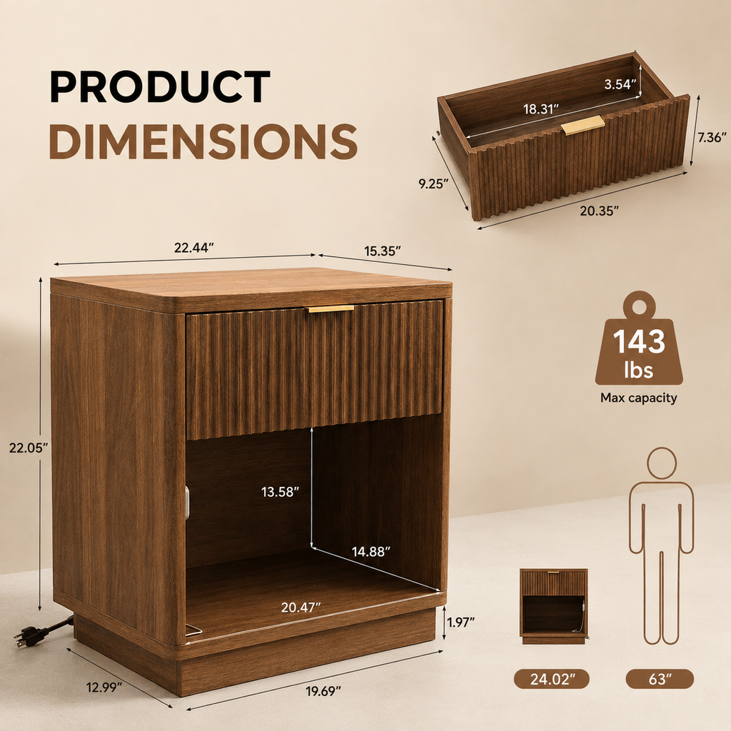 Modern Fluted Wood Nightstands with Open Storage – Set of 2