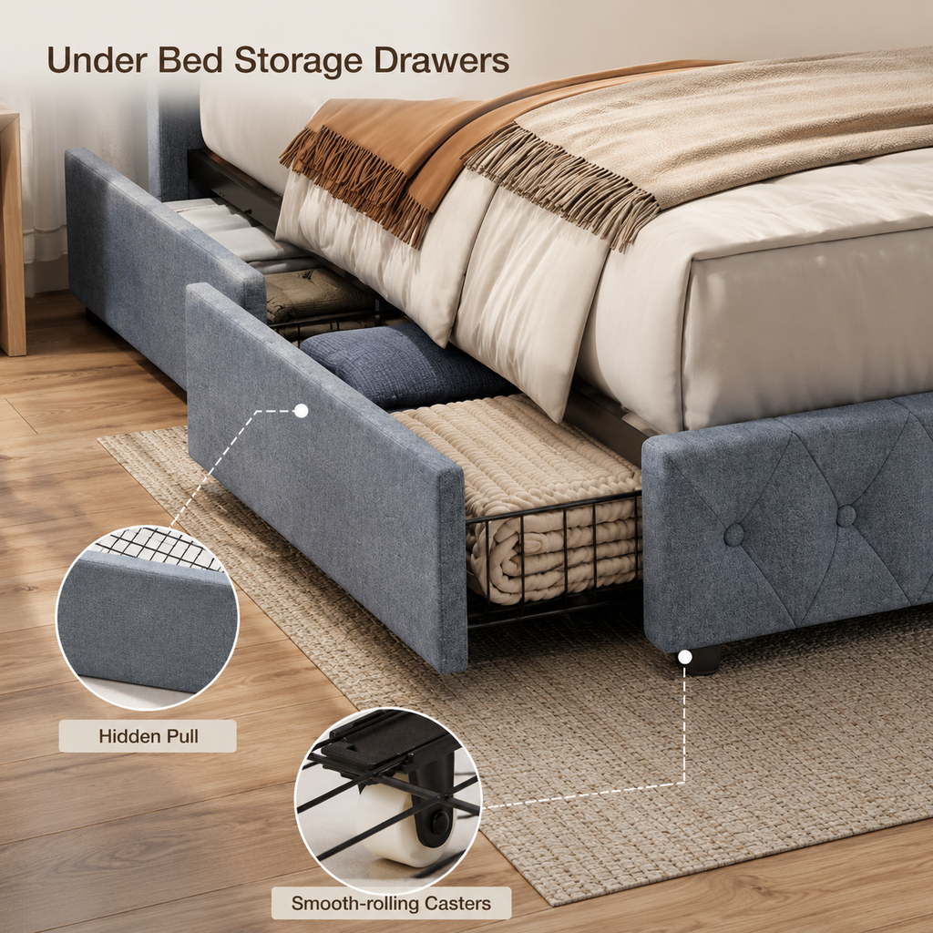 Upholstered Storage Bed with Charging Station & Underbed Drawers