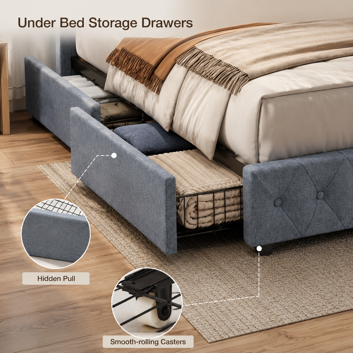Upholstered Storage Bed with Charging Station & Underbed Drawers