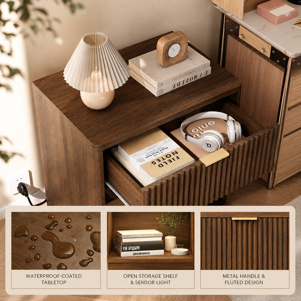 Modern Fluted Wood Nightstands with Open Storage – Set of 2