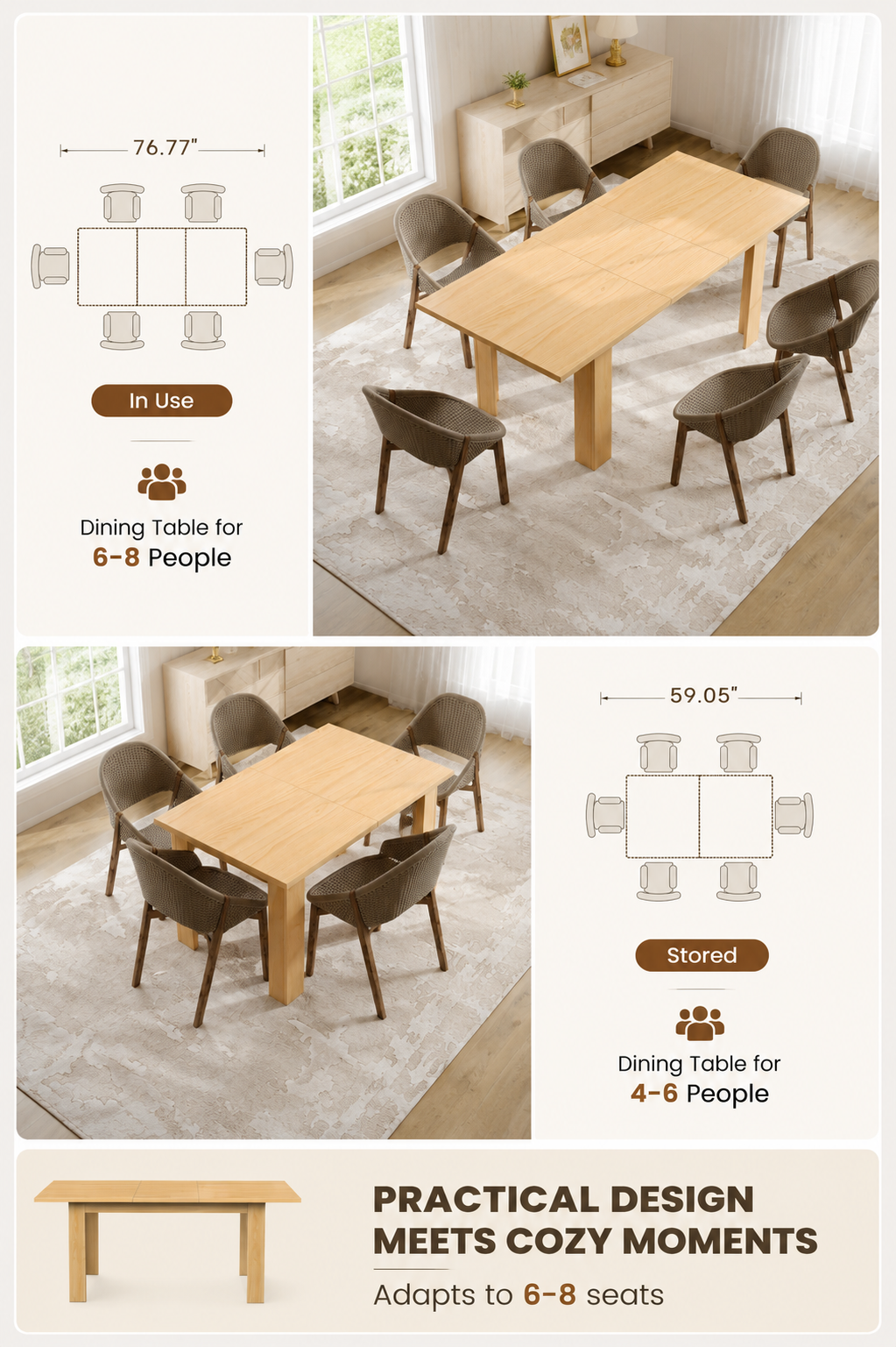 Extendable Wood Dining Table for 6-10 People