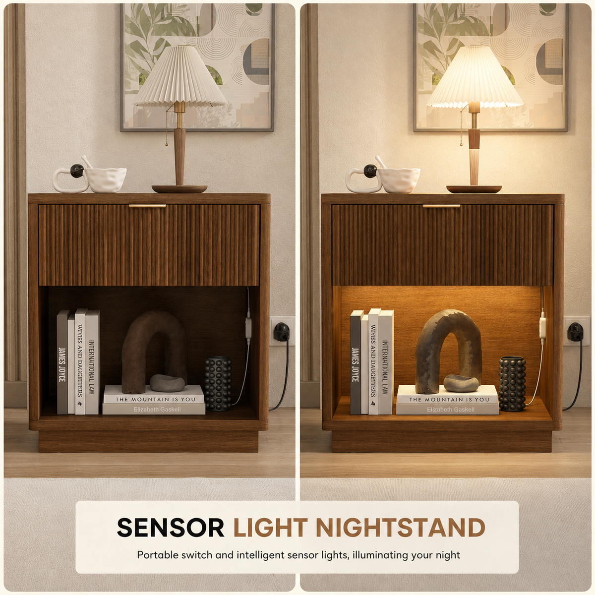 Modern Fluted Wood Nightstands with Open Storage – Set of 2