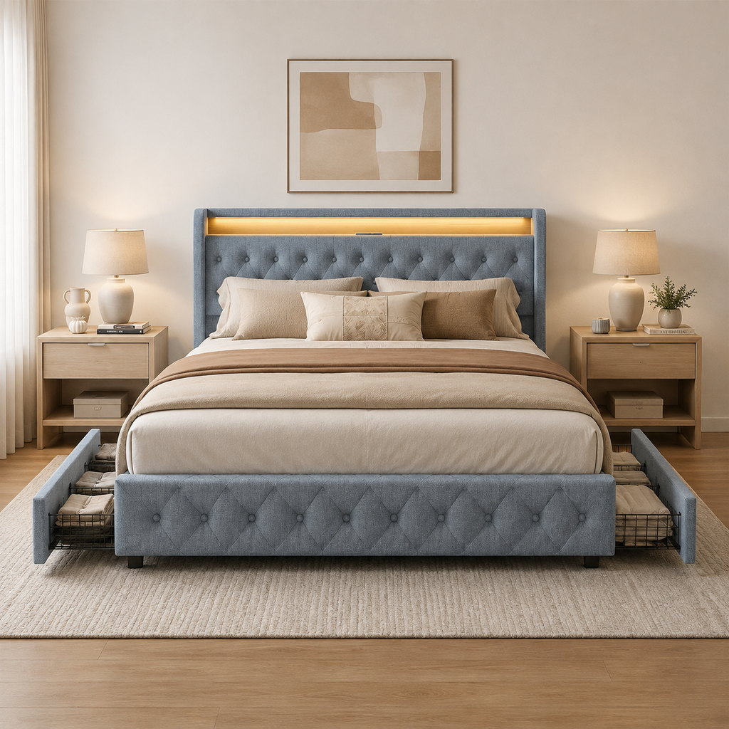 Upholstered Storage Bed with Charging Station & Underbed Drawers