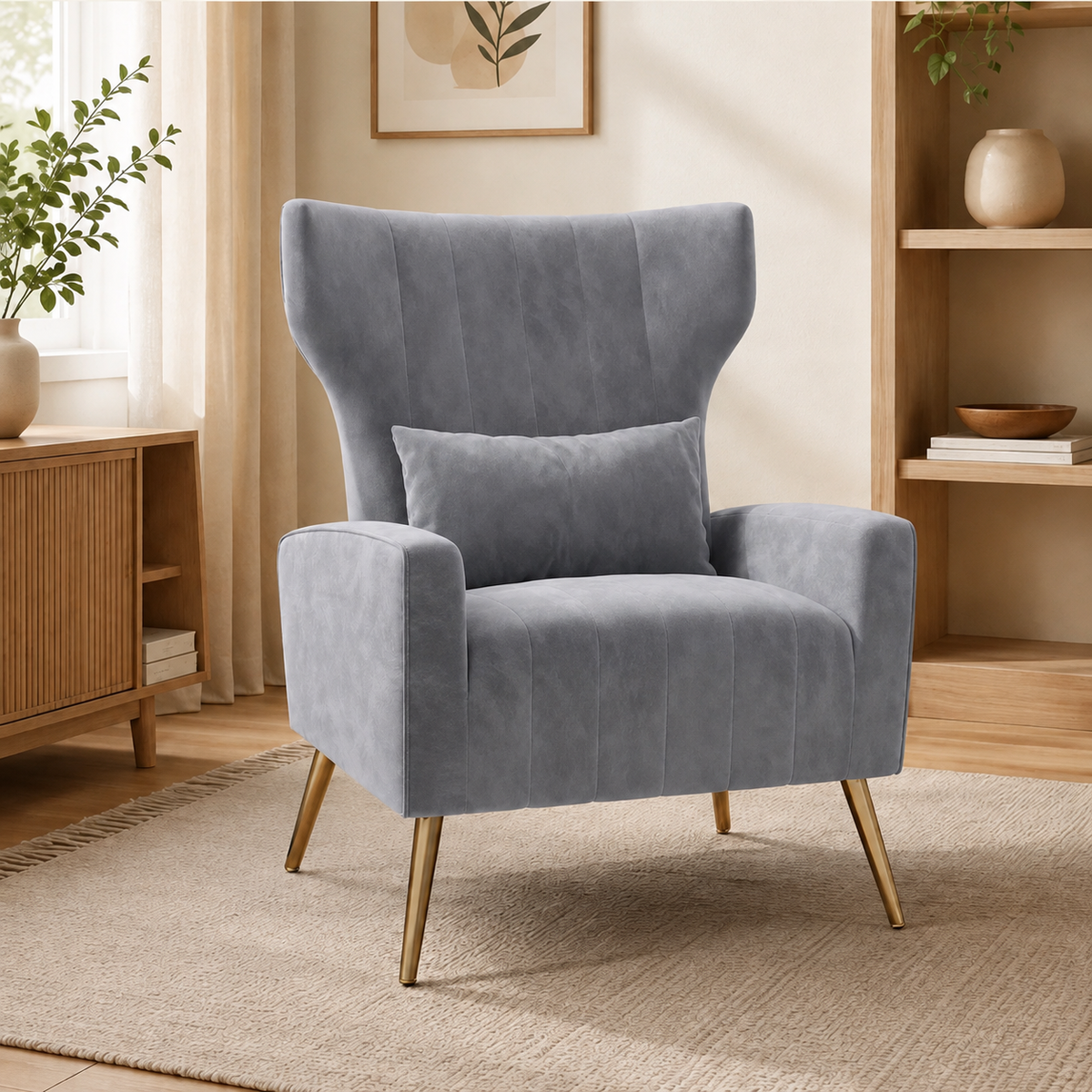Mid-Century Velvet Wingback Accent Chair