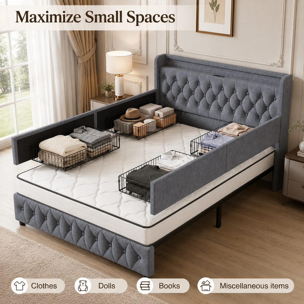 Upholstered Storage Bed with Charging Station & Underbed Drawers