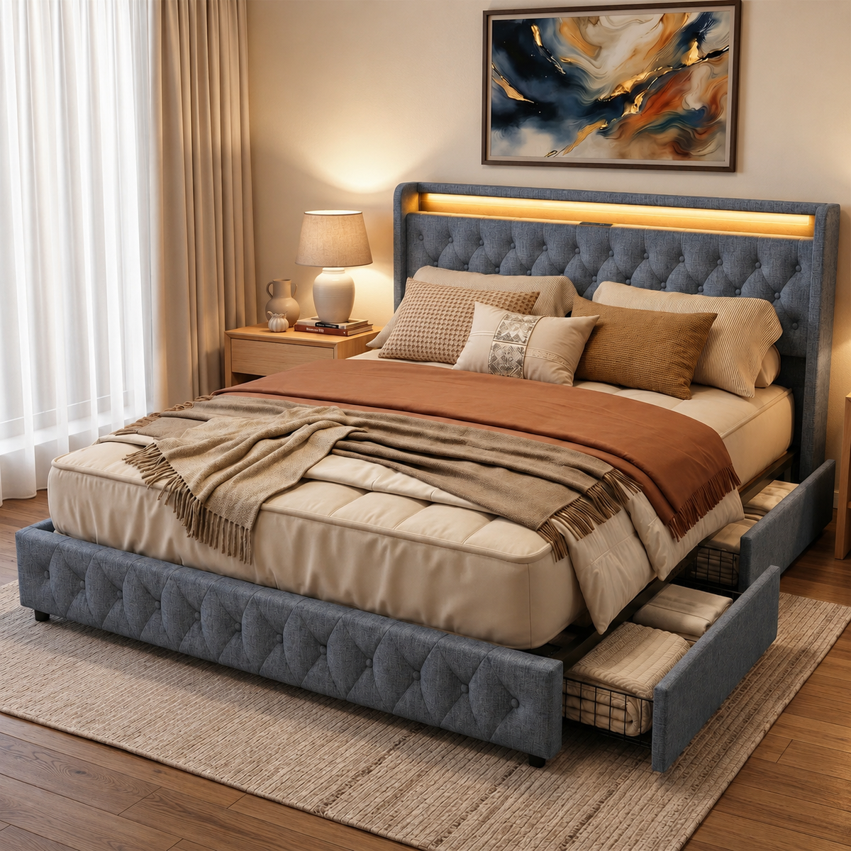 Upholstered Storage Bed with Charging Station & Underbed Drawers