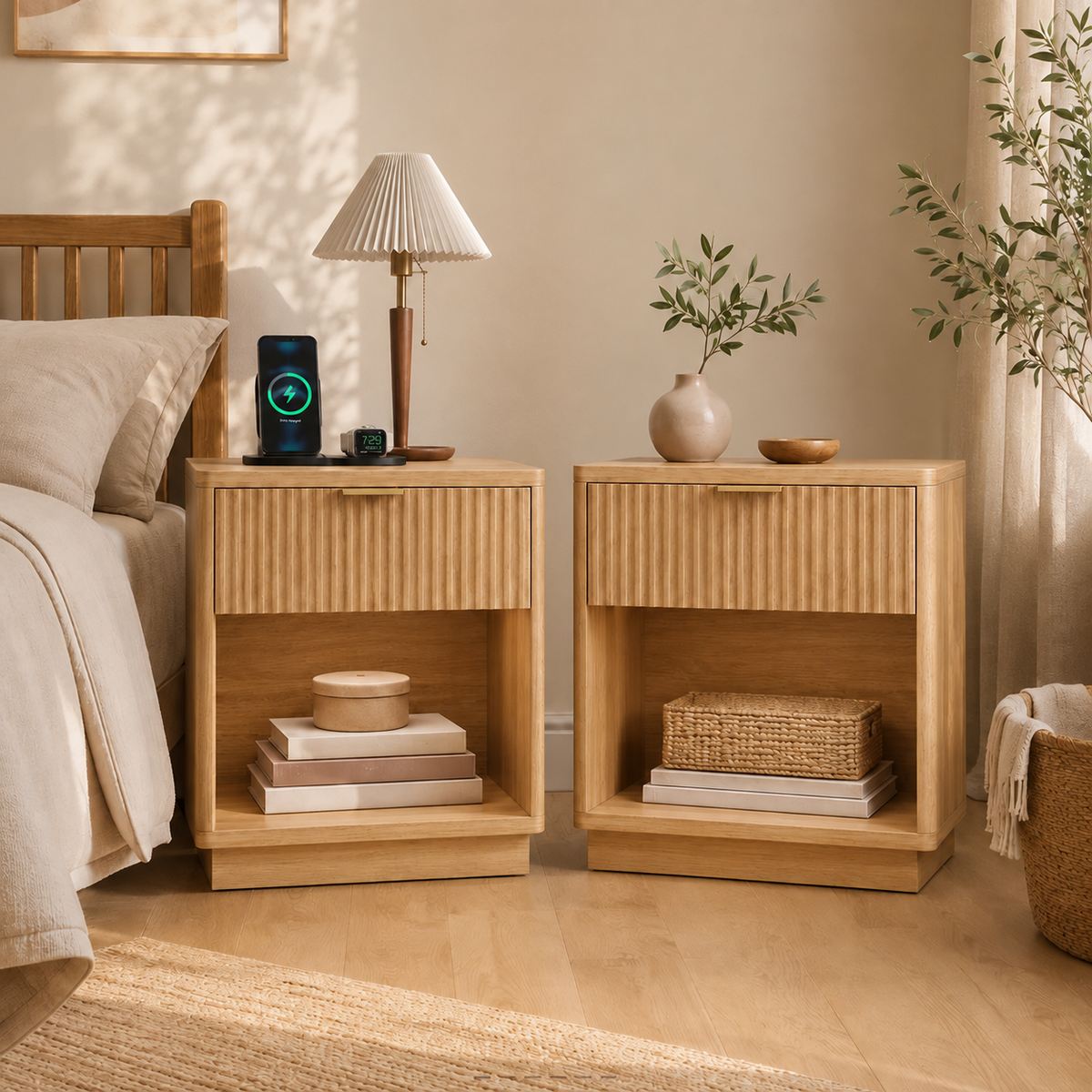 Modern Fluted Wood Nightstands with Open Storage – Set of 2
