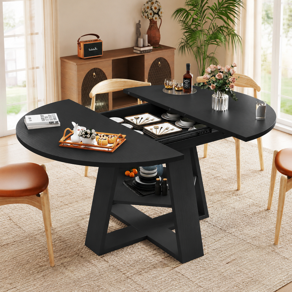 Extendable Round to Oval Dining Table with Hidden Storage for Small Spaces