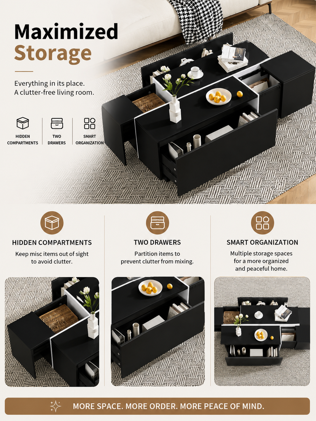 Extendable Coffee Table with Hidden Storage & Drawers