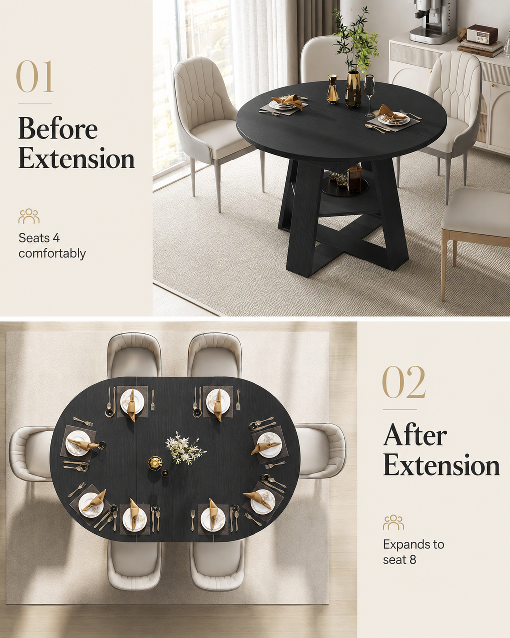 Extendable Round to Oval Dining Table with Hidden Storage for Small Spaces