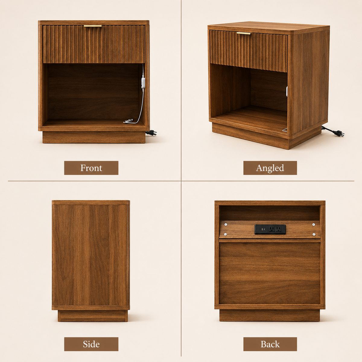 Modern Fluted Wood Nightstands with Open Storage – Set of 2
