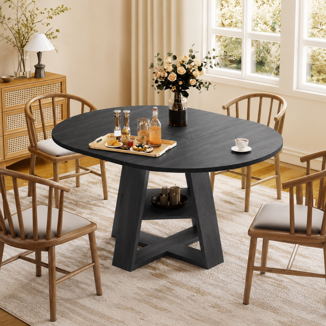 Extendable Round to Oval Dining Table with Hidden Storage for Small Spaces