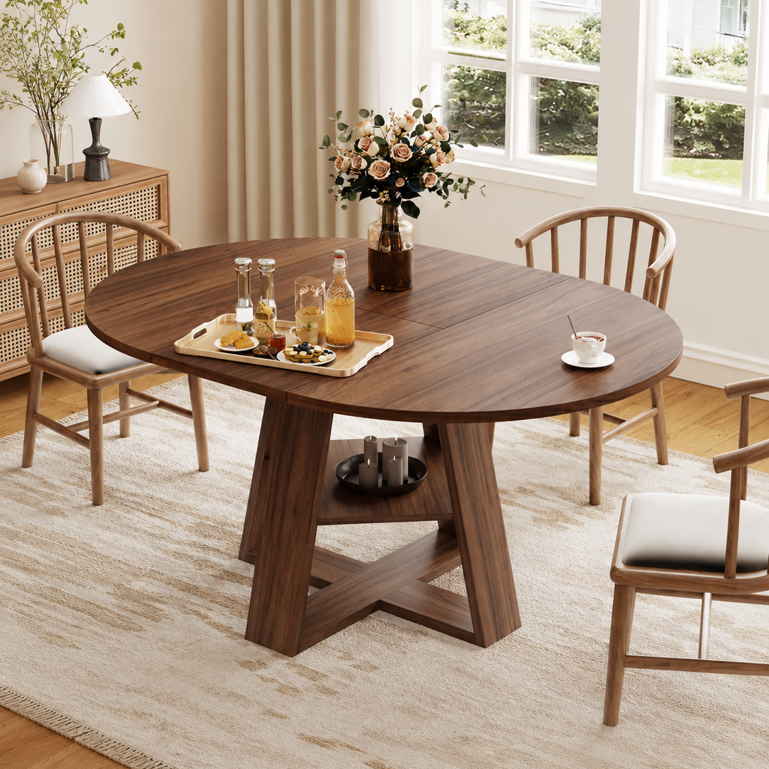 Extendable Round to Oval Dining Table with Hidden Storage for Small Spaces